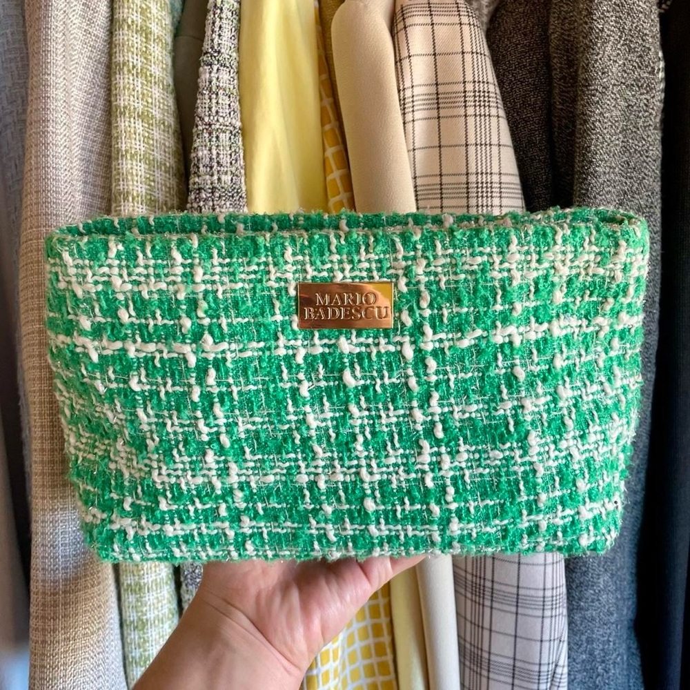Mario Badescu green and white tweed makeup bag